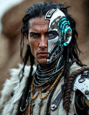 The primary subject of the image is a man with a unique appearance, featuring a mix of human and robotic elements. He has a beard and long hair, and his face is adorned with a silver mask. The man is wearing a necklace and appears to be a character from a science fiction or fantasy setting.

The setting of the image is a rocky outdoor environment, with the man standing in front of a rocky background. The visual style of the image is a combination of photo and digital art, creating a striking and intriguing scene. The colors and mood of the image are dark and mysterious, with the man's silver mask and the rocky background contributing to the overall atmosphere.